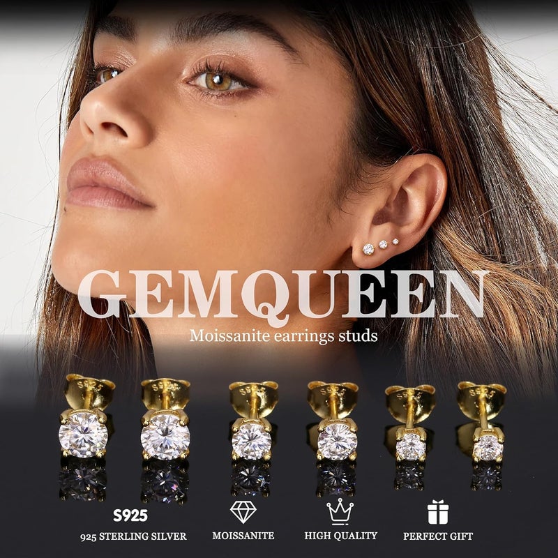 GEMQUEEN 3 أزواج من أقراط المويزنايت مع دبابيس مطلية بالذهب عيار 14K فضة استرلينية S925 مع ظهر مسطح للنساء والرجال - مجموعة مضادة للحساسية للمجوهرات المثقوبة في الغضروف والهيليكس، هدايا عصرية لعيد الشكر وعيد الميلاد، لون D VVS1 1.8CT - Image 3